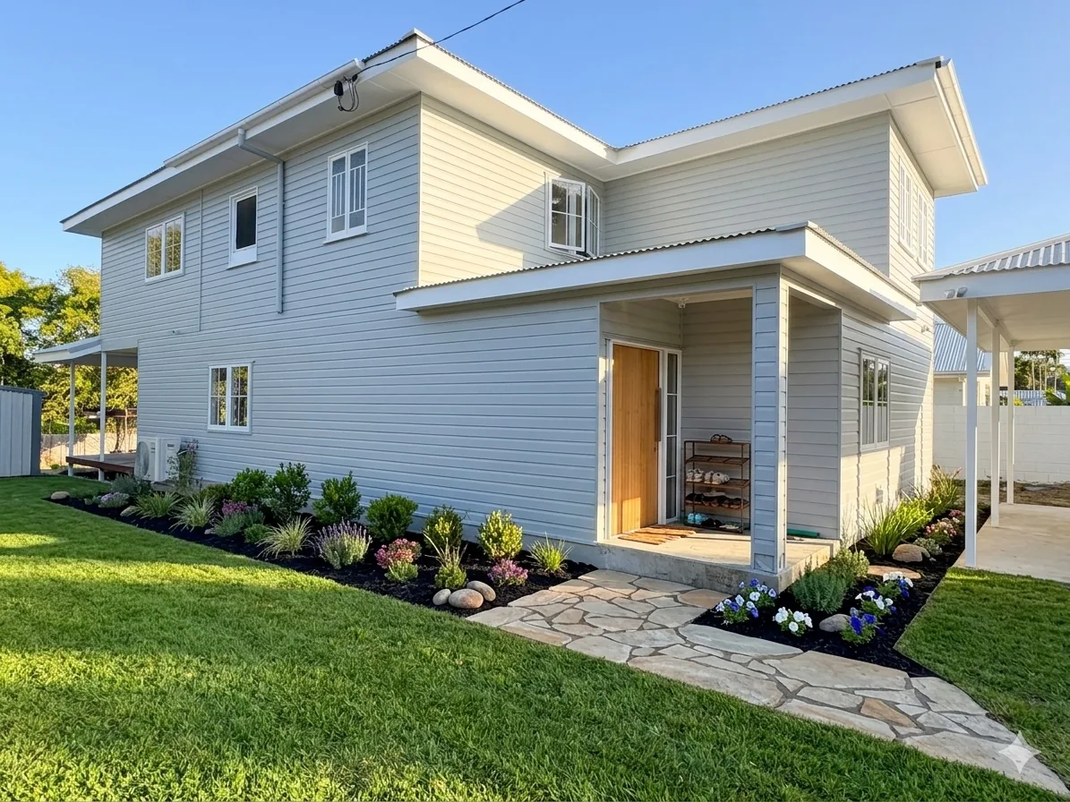 Freshly painted two-storey weatherboard home with new garden beds